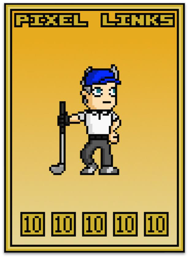 Original gold PixelLinks golfer card showing a golfer with five skills of 10