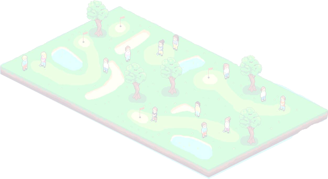 Original PixelLinks artwork: an isometric golf course with pixel golfers, greens, bunkers, trees and ponds