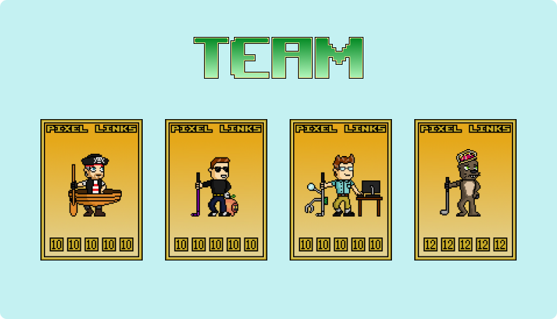 Original Pixel Links development team artwork: four gold pixel character cards beneath the word Team